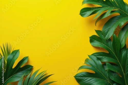 Golden yellow background, lush green tropical leaves Copy space , illustration, summer, sunny