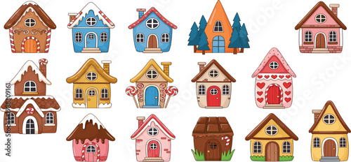 Gingerbread house vector set featuring candy cottages chocolate roofs and lollipop decorations for Christmas and holiday design in a flat style.