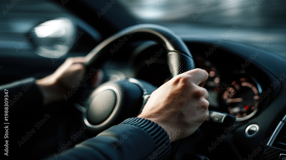 Naklejka premium Hands of a driver gripping a black steering wheel inside a modern car with blurred background, dashboard instruments and controls visible in the foreground
