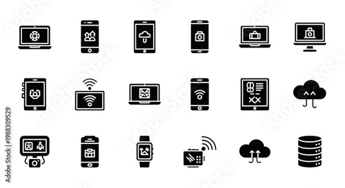 Tech Devices Black Silhouette Icon Set Laptop Smartphone Tablet Smartwatch Cloud Storage Vector Collection