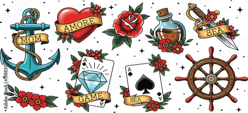 Old school tattoo flash vector set featuring anchor heart rose dagger and playing cards icons with banners in a vintage traditional style