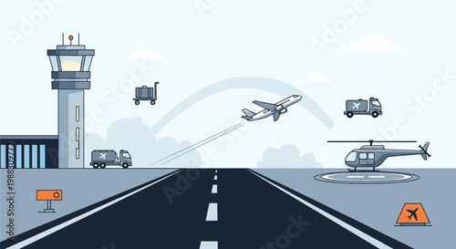 Airport scene with airplane taking off, helicopter, control tower, and vehicles, vector illustration