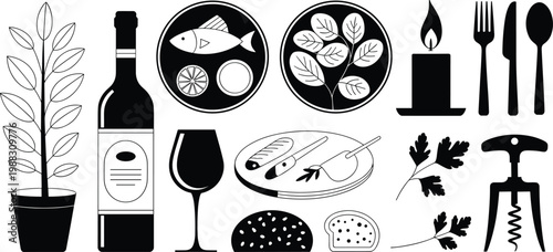Dining table illustration with wine bottle, glass, plates, bread, herbs, candle, utensils, corkscrew, plant, fish, lemon, olive branch