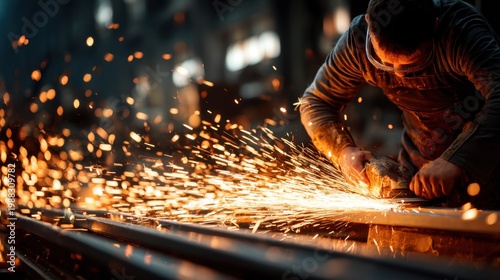 Male metalworker in gray overalls uses an angle grinder on steel, creating sparks in a dimly lit workshop with blurred machinery in the background