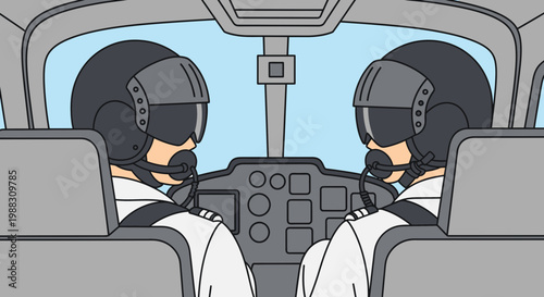 Two pilots in cockpit, wearing helmets and headsets, ready for flight
