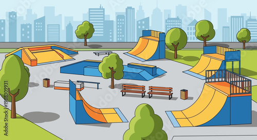 Vibrant Skatepark with Ramps and Rails in Urban Cityscape Background