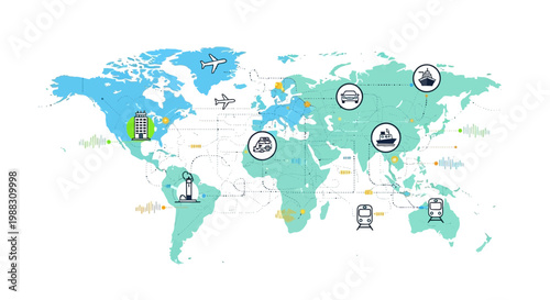 Global Transportation Network: World Map with Travel Icons - Logistics & Connectivity
