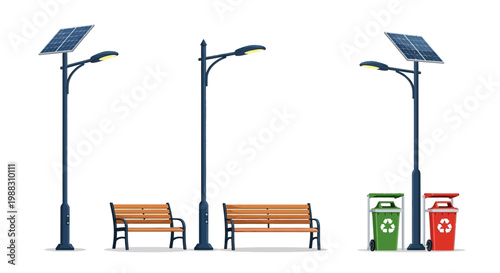 Solar street lights, park benches, and recycling bins on white background