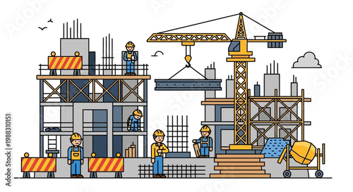 Construction Site with Workers, Crane, and Buildings Under Development