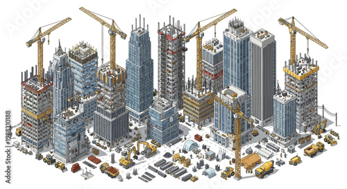 Isometric Cityscape Construction Scene with Cranes and Buildings Underway