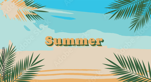 Summer beach background, palm trees, sandy shore, tropical getaway, vacation scene