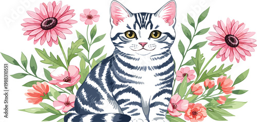Silver tabby cat in floral garden vector illustration featuring pink flowers and green leaves in a clean flat design style for pet lovers