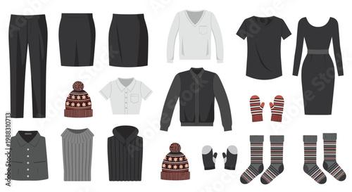 Extensive collection of clothing and accessories in neutral tones including shirts, pants, winter hats, and warm socks.