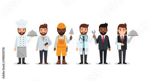 Assortment of diverse men in various professional roles including a chef, scientist, doctor, and businessman on white.