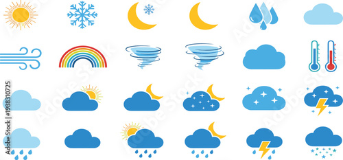 Weather icon vector set featuring sun moon clouds rain snow storm rainbow and thermometer icons in a flat minimalist style