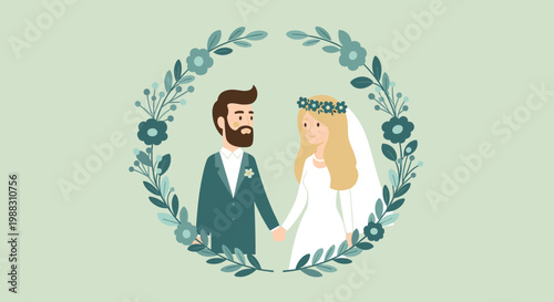 Beautifully illustrated bride and groom hold hands inside a delicate green floral wreath for a wedding invitation.
