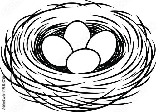 Black and white bird nest illustration with four eggs, nature symbol of life nurturing beginnings protection organic design artwork
