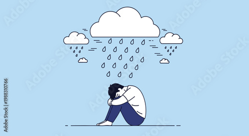 Illustration of a lonely person sitting hunched over in distress beneath dark rain clouds representing depression.