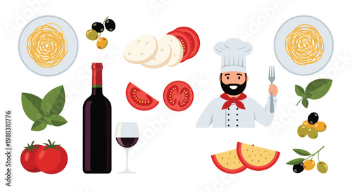 Comprehensive set of Italian culinary illustrations featuring a chef, spaghetti, wine, tomatoes, and fresh olives.