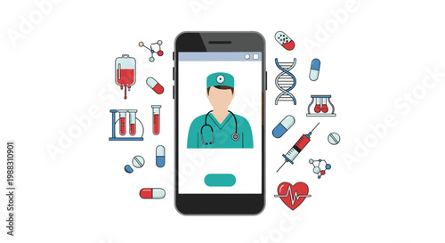Telemedicine concept with a male doctor on a smartphone screen surrounded by medical icons and laboratory tools.