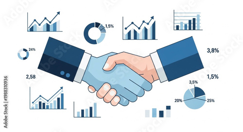 Business handshake with financial charts and graphs illustration.