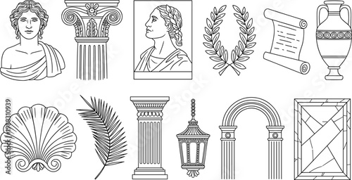Classical Greco Roman architecture elements line art illustration, bust column laurel wreath scroll amphora shell palm lantern arch frame
