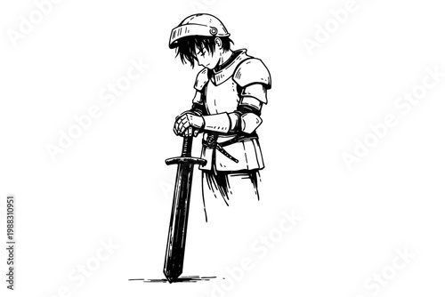 Young medieval knight leaning on sword upper body line art fantasy character sketch