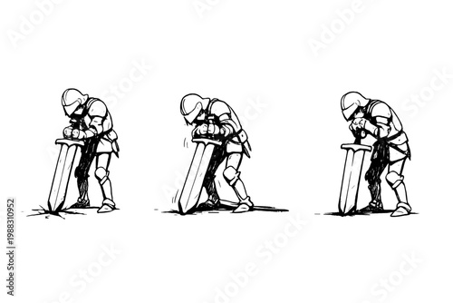 Sequence of medieval knight leaning on sword poses line art character progression sketch