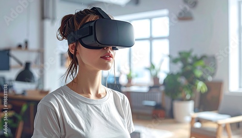 Woman wearing virtual reality headset indoors.