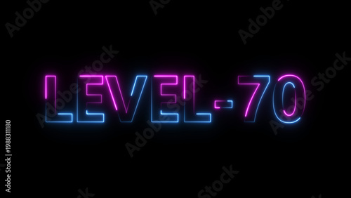Abstract neon level 70 number 4k illustration. Level 70 neon text. Neon level up sign. motion graphic perfect for social media content. black background 4k illustration.