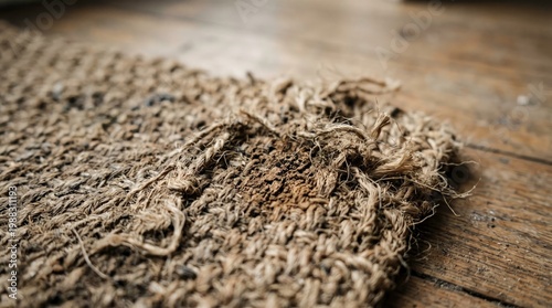 Close-Up of a Worn Jute Rug on Wooden Floor