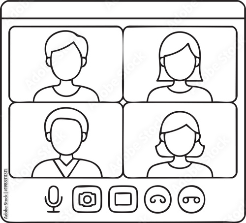 Vector illustration of four people on a video conference call with icons