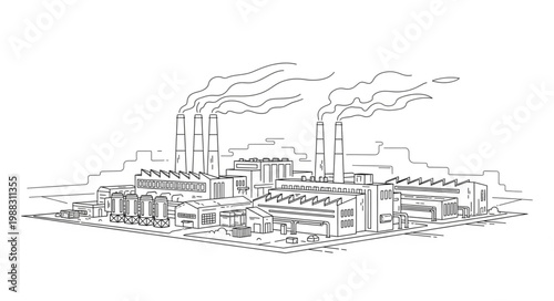 Industrial Cityscape with Smoke Stacks Emitting Pollution.