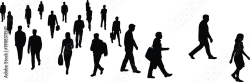 Large collection of black people silhouettes walking and standing in various poses for urban crowd simulation corporate business networking and community lifestyle design projects.