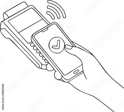 Vector illustration of a hand holding a smartphone making a contactless payment using a mobile wallet