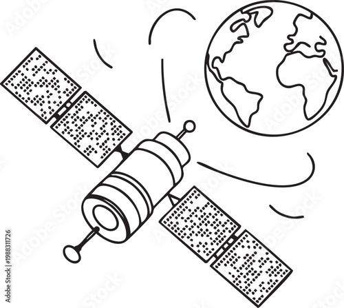 Vector illustration of a satellite in orbit around Earth with solar panels extended in space