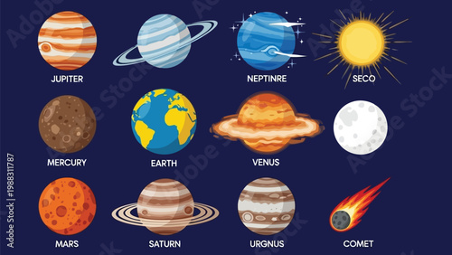 Colorful illustration of celestial bodies and space objects Vector