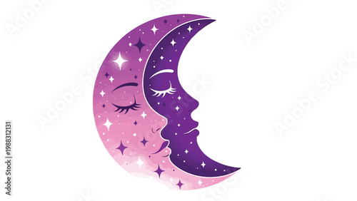 Whimsical moon face with sparkling stars and dreamy eyes Vector