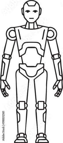 Vector illustration of a humanoid robot standing with a neutral expression and modern design elements.