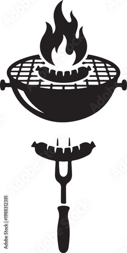 Minimalist Barbecue Grill, Flame & Sausage on Fork Silhouettes – Outdoor Cooking Icon