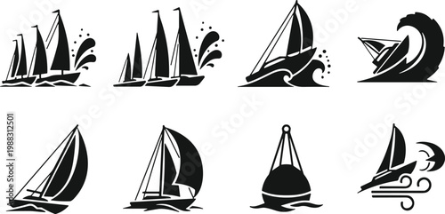 Nautical sailboat icon set, maritime vector illustration, black and white sailing design, ocean wave buoy, crescent moon wind symbol