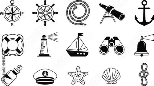 Nautical compass rose ship wheel anchor lighthouse sailboat binoculars telescope captain hat seashell starfish rope knot life preserver