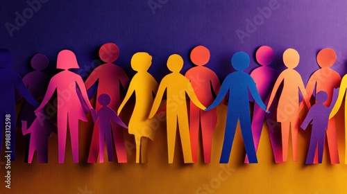 Colorful paper cutouts of diverse people holding hands against a gradient background, symbolizing unity and community in a vibrant and artistic representation