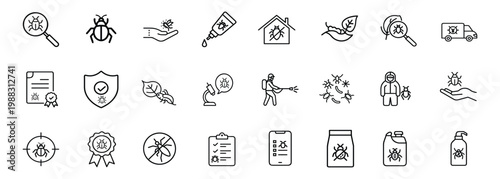 Pest control service web line icons set featuring insect magnifying search bug poison gel secure home leaf parasite worker in suit and extermination van and more Vector Illustration 