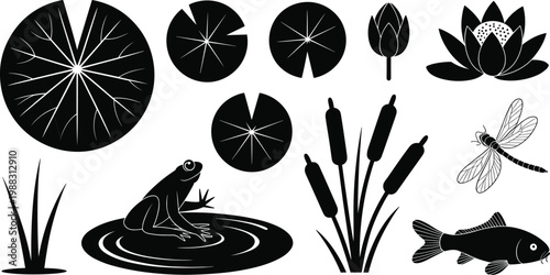 Pond ecosystem silhouettes with lotus flower frog cattails dragonfly fish lily pads grass nature wildlife vector illustration design art