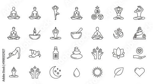 Collection of yoga and meditation icons representing wellness and balance.