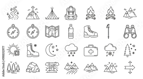 Collection of camping and hiking icons representing outdoor adventures and exploration.