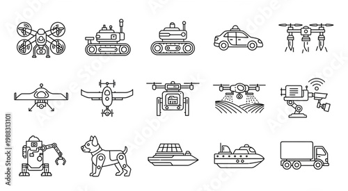 Collection of various technological robots and vehicles in line art style.