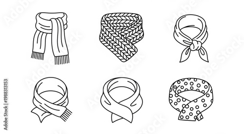 Collection of various scarf designs in black and white, perfect for fashion illustrations.