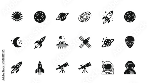 Collection of icons representing various elements of space exploration and celestial bodies Vector